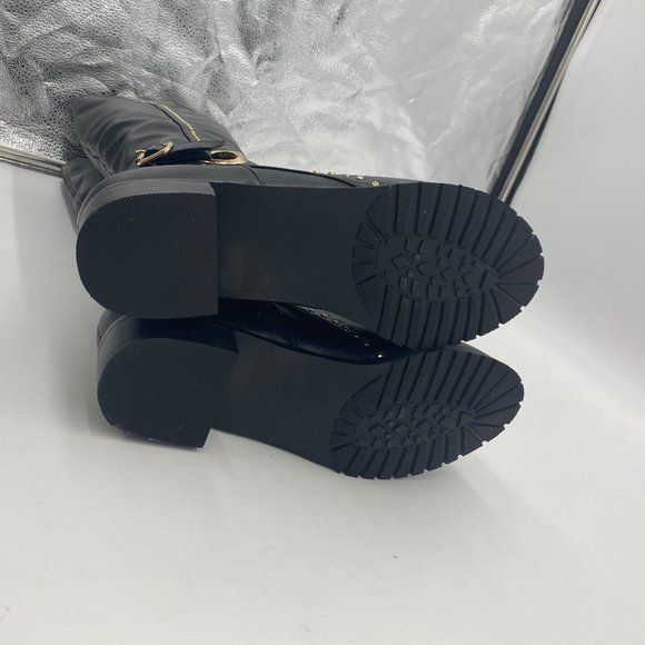 Black Round Toe Pull On Studs Low Stacked Heel Knee High Boots - Picture 7 of 10